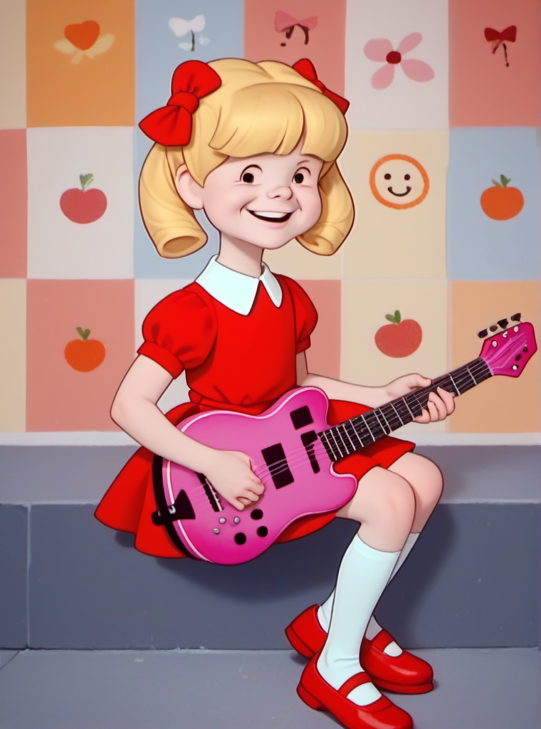 score_9, score_8_up, score_7_up, 1girl, solo, cindyb, child, playing guitar, blonde hair, black dot eyes, short sleeves, red dress, bows, big smile, face focus, white socks, red shoes, <lora:Cindy_Brady:1>, detailed face, paisley background,