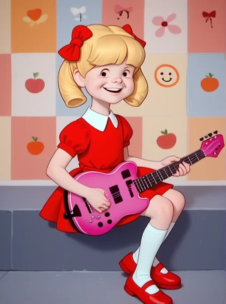 score_9, score_8_up, score_7_up, 1girl, solo, cindyb, child, playing guitar, blonde hair, black dot eyes, short sleeves, red dress, bows, big smile, face focus, white socks, red shoes, <lora:Cindy_Brady:1>, detailed face, paisley background,
