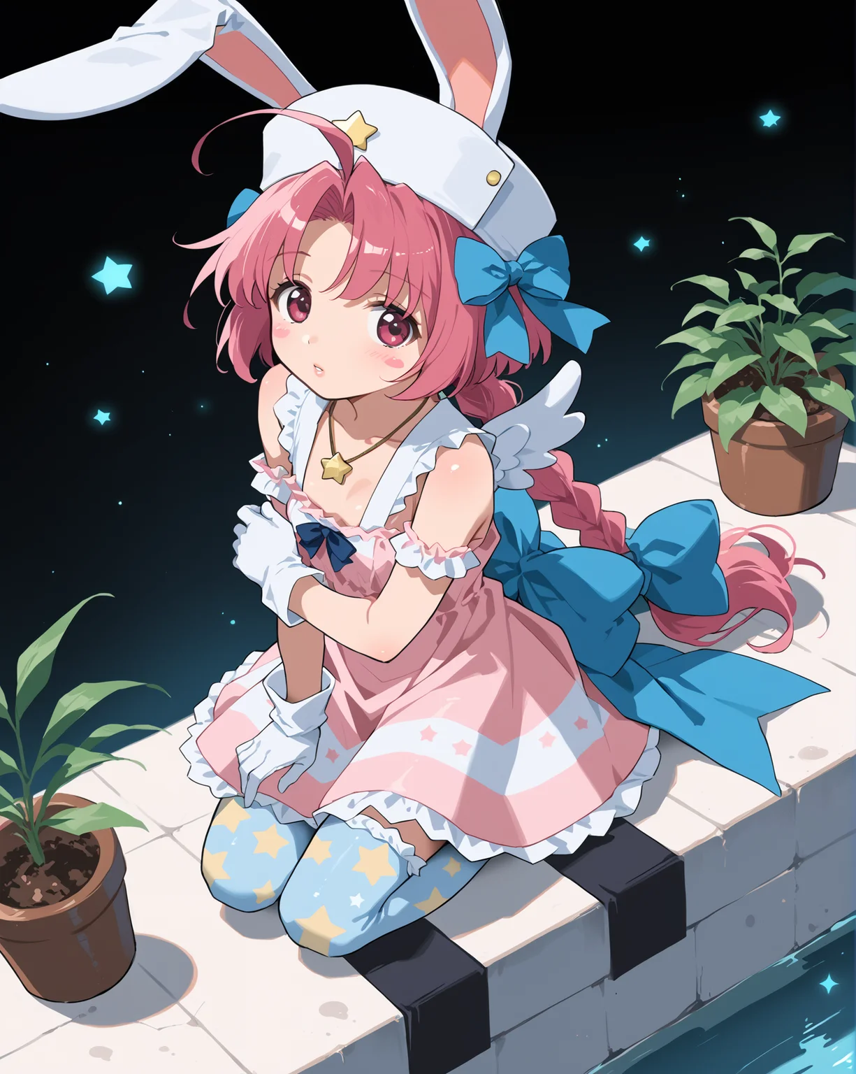 PonyScores7, source_anime, ah1, 1girl, lips, bad-hands-5, <lora:xl_more_art-full_v1:0.2>, <lora:shinyskin2:0.2> glistening skin, <lora:aesthetic_anime_v1s:0.2>, <lora:Expressive_H:0.2> Expressiveh, <lora:hairdetailpxl:0.2> hairdetailpxl, <lora:EpicF4nta5yXL:0.2>, <lora:detailxl:0.2> detailxl, <lora:Fant5yP0ny:0.2>, best quality, amazing quality, best aesthetic, absurdres, <lora:expressive eyes:0.2> expressive eyes, <lora:eyedetailpxl:0.2> eyedetailpxl, illustration, Volumetric_Lighting, ultra-detailed, very aesthetic, intricate details, 8k, masterpiece, best_quality, (Eyes narrowed and lips pressed into a thin line, conveying simmering anger), (Eye-level angle (from the side) view Extreme Close shot (focus on chest)), (celestial garden, Starlit Terrace, Enchanting balcony overlooking the cosmos with marble balustrades, celestial-themed mosaic tabletops, plush chaise lounges draped with silk throws, crystal chandeliers twinkling with constellations, and aromatic herbs planted in decorative pots), (open hand), <lora:Eyes_High_Definition:0.3> EyesHD, looking at viewer, Stable_Yogis_PDXL_Positives, AS-Adult, <lora:nakahara_komugi_pony_v1:0.8> nakahara_komugi, pink hair,hat, animal ears, braid, pink eyes, ahoge, long hair, rabbit ears, wings, star print, jewelry, star (symbol), dress, white gloves, stickers, zettai ryouiki, print thighhighs, winged footwear,