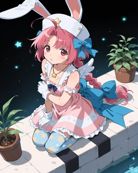 PonyScores7, source_anime, ah1, 1girl, lips, bad-hands-5, <lora:xl_more_art-full_v1:0.2>, <lora:shinyskin2:0.2> glistening skin, <lora:aesthetic_anime_v1s:0.2>, <lora:Expressive_H:0.2> Expressiveh, <lora:hairdetailpxl:0.2> hairdetailpxl, <lora:EpicF4nta5yXL:0.2>, <lora:detailxl:0.2> detailxl, <lora:Fant5yP0ny:0.2>, best quality, amazing quality, best aesthetic, absurdres, <lora:expressive eyes:0.2> expressive eyes, <lora:eyedetailpxl:0.2> eyedetailpxl, illustration, Volumetric_Lighting, ultra-detailed, very aesthetic, intricate details, 8k, masterpiece, best_quality, (Eyes narrowed and lips pressed into a thin line, conveying simmering anger), (Eye-level angle (from the side) view Extreme Close shot (focus on chest)), (celestial garden, Starlit Terrace, Enchanting balcony overlooking the cosmos with marble balustrades, celestial-themed mosaic tabletops, plush chaise lounges draped with silk throws, crystal chandeliers twinkling with constellations, and aromatic herbs planted in decorative pots), (open hand), <lora:Eyes_High_Definition:0.3> EyesHD, looking at viewer,  Stable_Yogis_PDXL_Positives, AS-Adult, <lora:nakahara_komugi_pony_v1:0.8> nakahara_komugi, pink hair,hat, animal ears, braid, pink eyes, ahoge, long hair, rabbit ears, wings, star print, jewelry, star (symbol), dress, white gloves, stickers, zettai ryouiki, print thighhighs, winged footwear,