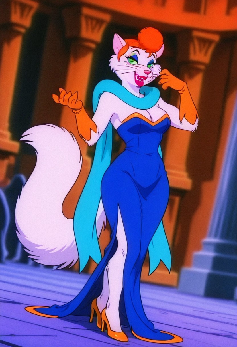 KittyDC, 1girl, solo, cat girl, furry female, anthro, mature woman, short hair, orange hair, curly hair,  hair bun, green eyes, yellow sclera, animal ears, pink snout, whiskers, red lipstick, makeup,  large breast, thick thighs, large cat fluffy tail, colored skin, white body fur, cleavage, blue dress, strapless dress, brown elbow gloves, dress with side slit, shoes, high heels, long fur blue scarf, fangs,,
,seductive pose, sexy pose, tease, 
masterpiece, best quality, fine details, intricate details, depth of field, subsurface scattering, bokeh,
 ultra-detailed, very aesthetic, detailed background, newest, scenery, highres, absurdres, colorful, vibrant, glowing, perfect face, 2d, perfect eyes,  vibrant saturated colors, volumetric lighting, sharp, detailed eyes, perfect anatomy,  perfect face, perfect eyes, mature body, clear eyes, beautiful eyes, athletic, curvy body, athletic girl, perky tits, perfect tits, round breasts, pinup pose, teasing, lustful expression, perfect hands, 
muscular female, dutch angle, 
 , ,Smooth Negative, 90s_anime_aesthetic, 1990s (style), dark_fantasy_style, dark fantasy, retro,