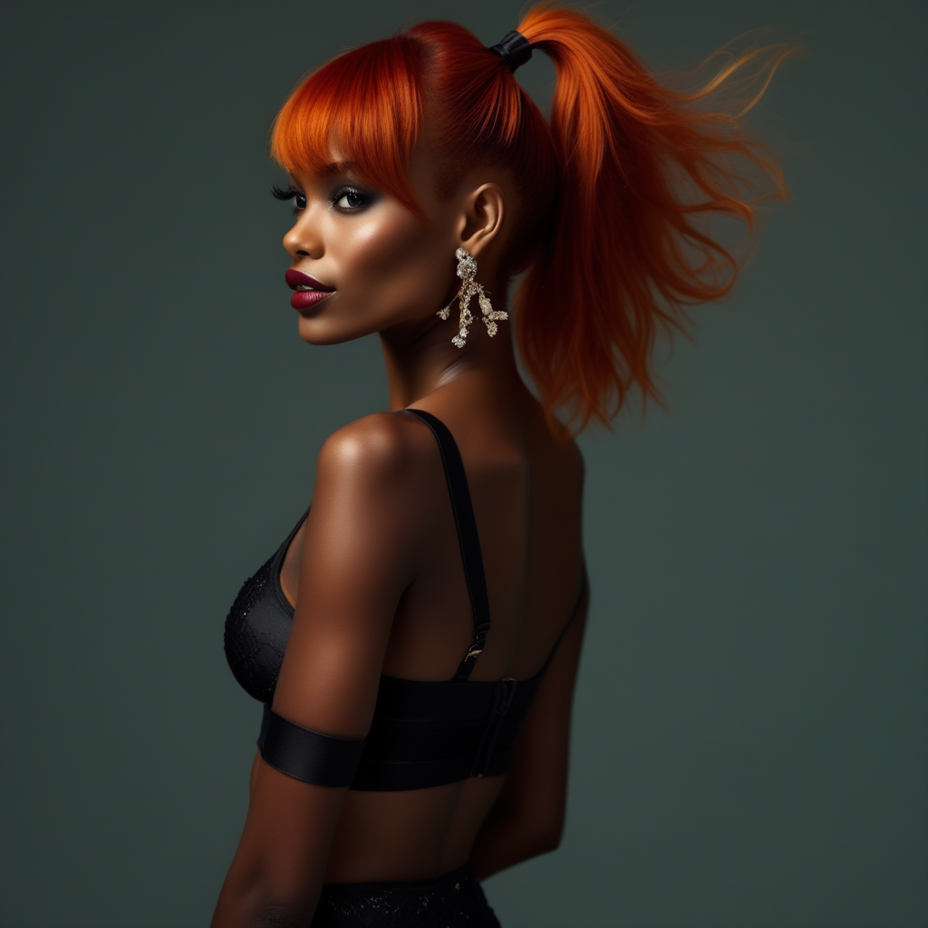 formal, bangs, dangling earrings, Orange hair, water, floral print, eye-shadow, sports bra, zipper, coat, belt, semi-realistic, arms up, looking back, from side, suit, dark skin, red-ginger hair, nape, black lips, lingerie