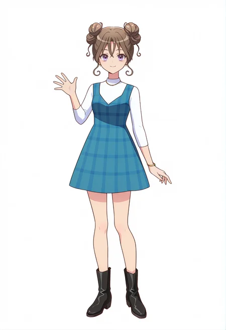 <lora:MAI KAMIIZUMI_illustrious-000038:1>,
MAI KAMIIZUMI,purple eyes,brown hair,double bun,
blue dress,white shirt,plaid,boots,black footwear,jewelry,
smile,white background,looking at viewer,simple background,standing,solo,full body,waving