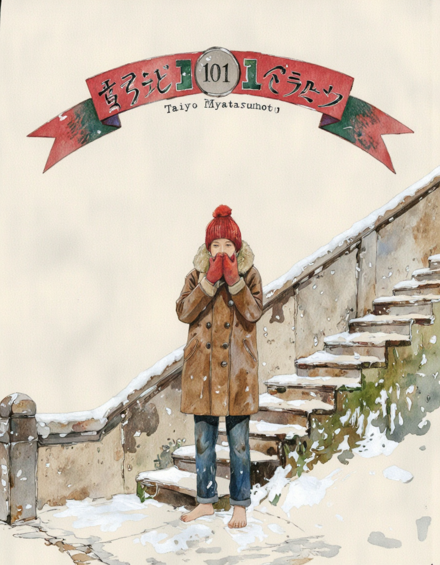 By Taiyo Matsumoto. A digitally created drawing with a watercolor-like texture. It depicts a young person standing on a snowy, outdoor staircase. The individual is dressed warmly in a long, brown, double-breasted coat with a hood, which is pulled up, and a red hat with a pom-pom on top. They are also wearing blue jeans and red mittens, and their bare feet are visible. The person appears to be shivering, with their hands clasped together in front of their mouth, suggesting they are cold.
In the background, the snow is falling gently, with visible snowflakes and a slight mist effect. The staircase is rendered in muted tones of gray and beige, with a small patch of green grass visible at the bottom. The overall color palette is muted and earthy, with the predominant colors being brown, gray, and beige.
At the top of the image, there is a red and green banner with the number "101" in the center, and above it, there is Japanese text in black. The text on the banner is written in a bold, modern font, contrasting with the more traditional style of the drawing. The image evokes a sense of cold weather and solitude. <lora:Taiyo_Matsumoto-000008:1>