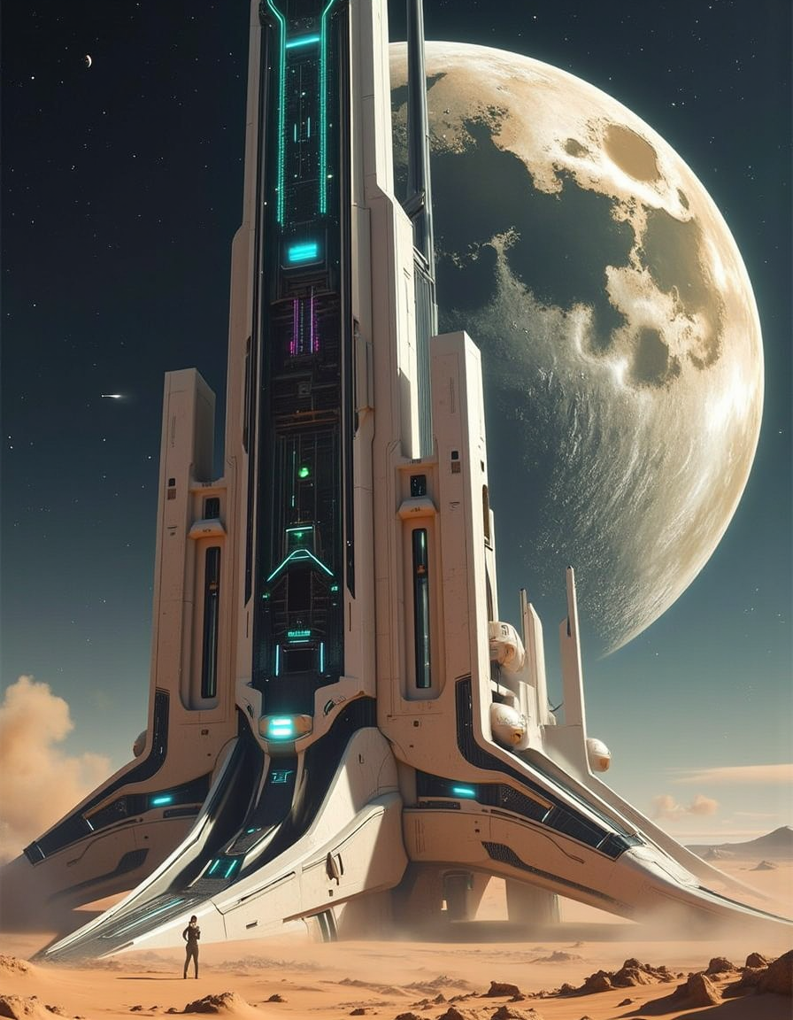 Generate a highly detailed high-resolution photo of a massive, modern giant citadel made of reflective glass and steelrising out of the sandy dunes of an alien world on the brink of chaos. The citadel's sleek architecture and futuristic spires are shrouded in perpetual sandstorms, with towering dust devils swirling around its base like ethereal sentinels.
In the distant horizon, a fracturing moon hangs low in the sky, casting an eerie orange glow over the desolate landscape as it hurtles towards a catastrophic collision course with its parent planet. The once-stable orbit is now unraveling, threatening to unleash unspeakable destruction upon this unforgiving world.
The atmosphere is thick with sand and debris, making every surface appear worn and battle-worn. Vines of iridescent blue-green fungus have begun to claim the crumbling stones as their own, weaving a network of eerie bioluminescence across the citadel's walls. In stark contrast, the sky above has transformed into an apocalyptic backdrop: a swirling nebula of electric blues and purples stretches out before us like an eternal stormfront.
The camera captures this surreal scene from a dramatic angle, as if it were shot through a veil of grit-covered glass, imbuing every detail with an otherworldly sense of immediacy. The sandstorms rage on, driven by the dying moon's gravity; yet amidst the turmoil, we find glimpses of ancient civilizations and unfathomable secrets buried within this unforgiving world. <lora:yug-soares-v1:0.8> YFG-SRS<lora:yfg-taal-v1:0.8> YFG-Taal <lora:yfg-smorgas-v1:0.6> YFG-Sm0rg
