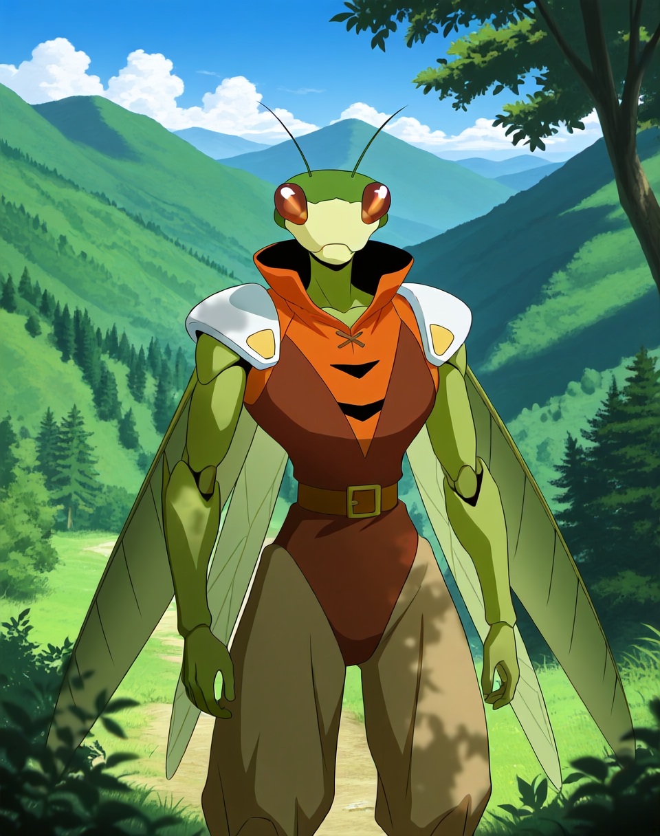 <lora:Katris_(Shinzo)_(Illustrious)_(AD):1> Katris, mantis, Shinzo, 
((
exterior, vivid anime blue sky with detailed clouds, forest, mountains, valley, 
dynamic action, cowboy shot, 
)),
BREAK: very awe, aesthetically pleasing, masterpiece, best quality, amazing quality, very aesthetic, perfect depth of field shot,
masterpiece, best quality, amazing quality, very aesthetic, high resolution, ultra-detailed, absurdres, newest, scenery, {Prompt}, BREAK, detailed background, volumetric lighting,
BREAK: lazympos, lazypos (3),