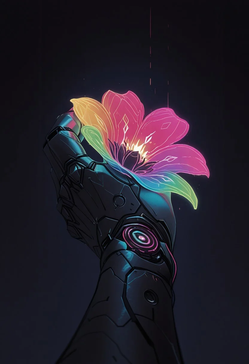 masterpiece, best quality, amazing quality, very aesthetic, absurdres, newest, cinematic_lighting, ultra_detailed, intricate_details, ajnblyst, Closeup of an intricate designed Robotic humanoid Hand Holding a neon colorful flower in darkness, cyberpunk