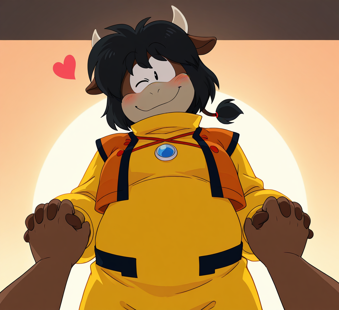 high resolution, best quality, 4k, 3d render, solo, (under shade, sidelighting, warm colors, warm lighting), male, front view, ((holding hands with viewer)), looking at viewer, head tilt, hearts around head, dusk, bedroom background, one eye closed, blush, smile, <lora:Hols_-_Eto_Rangers_IL:1> h0l5, toony, bull, black hair, tied hair, animal ears, horns, conjoined eyes, black eyes, brown skin, chubby, yellow jumpsuit, blue button, orange cropped jacket