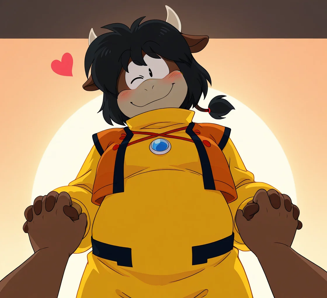 high resolution, best quality, 4k, 3d render, solo, (under shade, sidelighting, warm colors, warm lighting), male, front view, ((holding hands with viewer)), looking at viewer, head tilt, hearts around head, dusk, bedroom background, one eye closed, blush, smile, <lora:Hols_-_Eto_Rangers_IL:1> h0l5, toony, bull, black hair, tied hair, animal ears, horns, conjoined eyes, black eyes, brown skin, chubby, yellow jumpsuit, blue button, orange cropped jacket