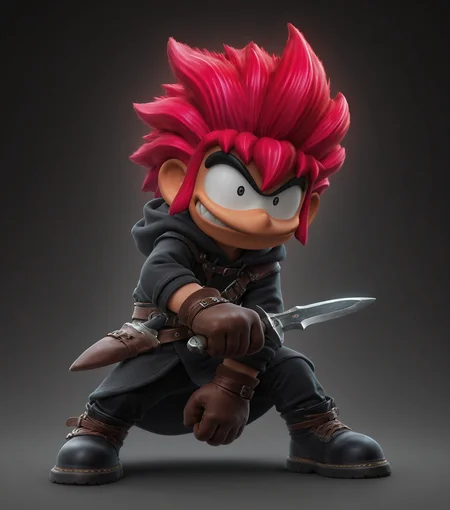 masterpiece, best quality, amazing quality, <lora:Ore_Tomba_v5_1:0.8> 1boy, solo, male focus, spiked hair, full body, red hair, dynamic pose, (scenery:0.7) Thief, dark clothing, hood, leather gloves, dagger, sneaky pose, masterpiece, best quality, amazing quality