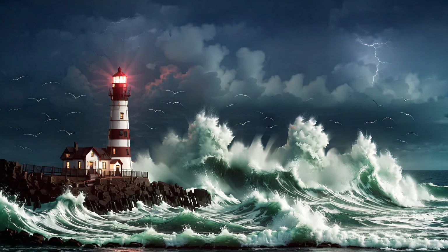 A lonely lighthouse on a stormy night with waves crashing around <lora:bBackground:1.3>
