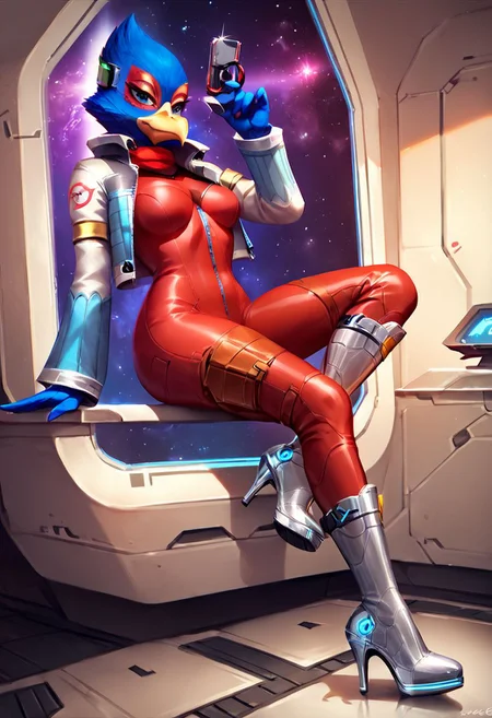 score_9, score_8_up, score_7_up, dcore_6_up, <lora:Falco_Lombardi:1> 1girl, solo, Falco lombardi, inside spaceship, beckoning, straight on, bodysuit, high-heeled boots, sexy