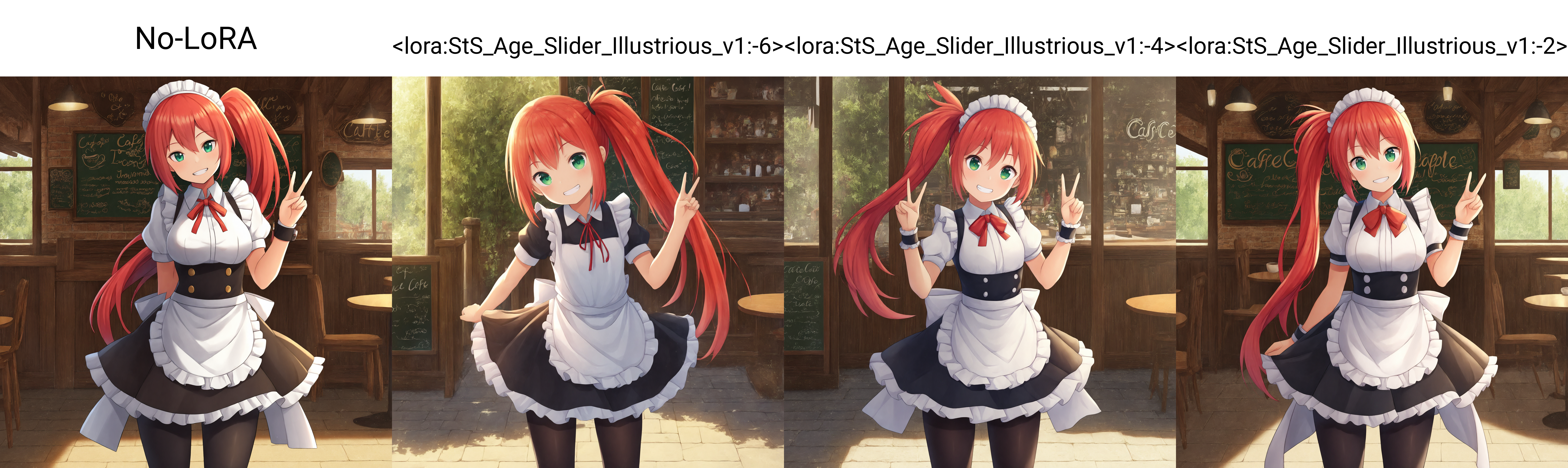 No-LoRA, 1girl, solo, green eyes, red hair, maid, leggings, side ponytail, long hair, v, head tilt, cowboy shot, looking at viewer, grin, cafe, scenery, highres, absurdres, masterpiece, tracing, 8k, soft lighting, <lora:StS-Illustrious-Detail-Slider-v1.0:4>, <lora:Sinensian_Style__NTRMIX_4.0:0.8>