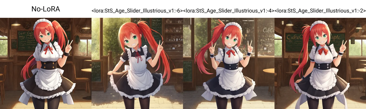 No-LoRA, 1girl, solo, green eyes, red hair, maid, leggings, side ponytail, long hair, v, head tilt, cowboy shot, looking at viewer, grin, cafe, scenery, highres, absurdres, masterpiece, tracing, 8k, soft lighting, <lora:StS-Illustrious-Detail-Slider-v1.0:4>, <lora:Sinensian_Style__NTRMIX_4.0:0.8>