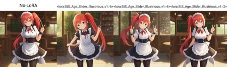 No-LoRA, 1girl, solo, green eyes, red hair, maid, leggings, side ponytail, long hair, v, head tilt, cowboy shot, looking at viewer, grin, cafe, scenery, highres, absurdres, masterpiece, tracing, 8k, soft lighting, <lora:StS-Illustrious-Detail-Slider-v1.0:4>, <lora:Sinensian_Style__NTRMIX_4.0:0.8>