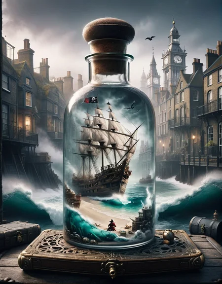 ais-bttl, inside bottle pirate treasure on a secluded beach, outside bottle foggy Victorian London streets <lora:ais-bttl-sdxl:1>