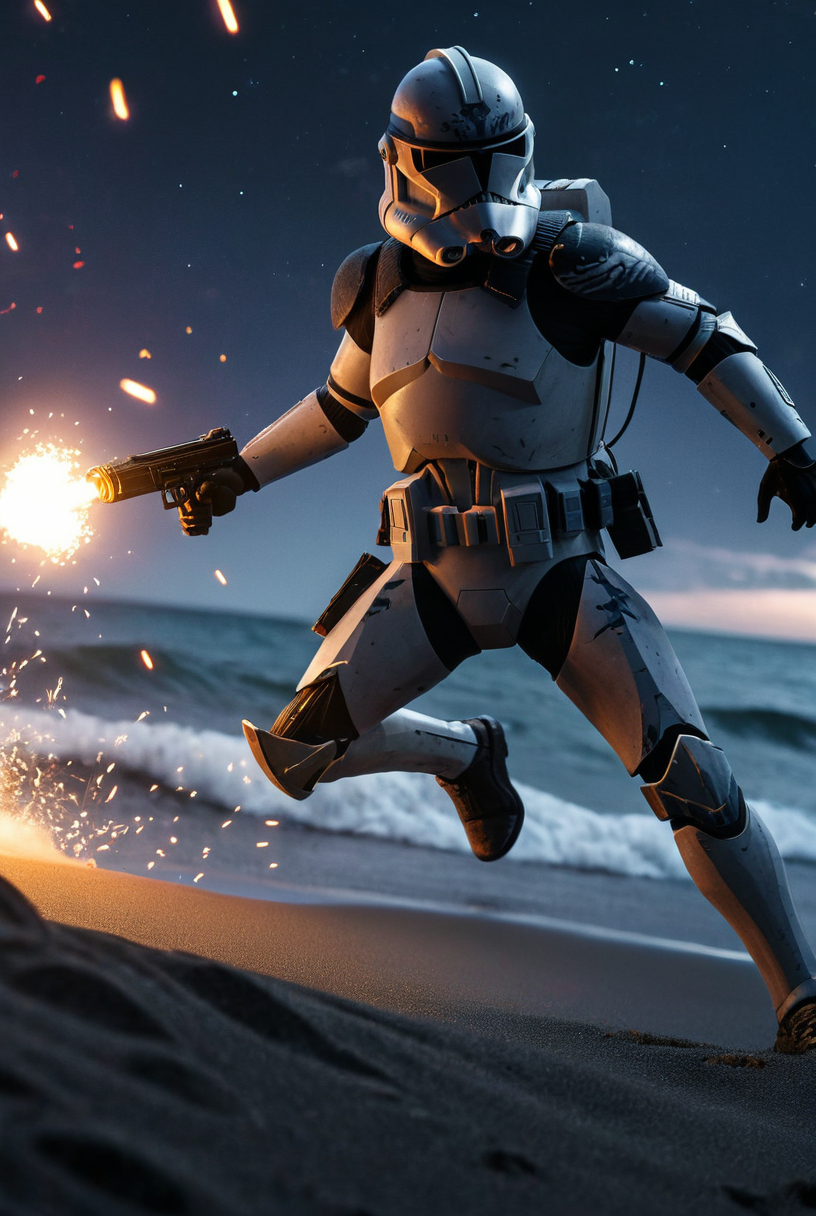 7-Phase2, 1boy, sneaking,  holding gun, military, explosions, detailed weapon
beach, night time, stars, nebulas, detailed waves, black sand, soldiers in background, men
[strong lighting, cinematic masterpiece, highly detailed armour,  realistic armour, legendary, hyperrealism]
  <lora:Clone Armour Phase 2 v1.0:0.9>