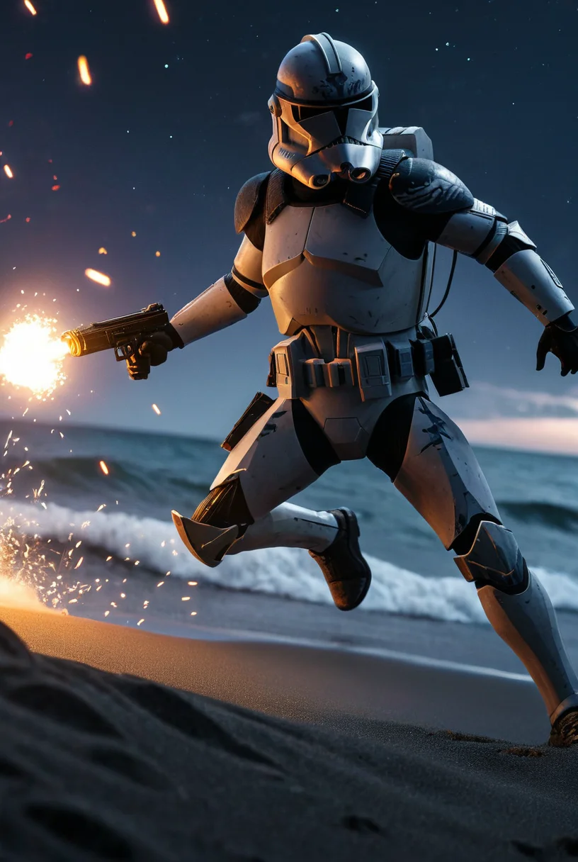 7-Phase2, 1boy, sneaking,  holding gun, military, explosions, detailed weapon
beach, night time, stars, nebulas, detailed waves, black sand, soldiers in background, men
[strong lighting, cinematic masterpiece, highly detailed armour,  realistic armour, legendary, hyperrealism]
  <lora:Clone Armour Phase 2 v1.0:0.9>
