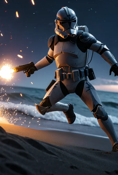 7-Phase2, 1boy, sneaking,  holding gun, military, explosions, detailed weapon
beach, night time, stars, nebulas, detailed waves, black sand, soldiers in background, men
[strong lighting, cinematic masterpiece, highly detailed armour,  realistic armour, legendary, hyperrealism]
  <lora:Clone Armour Phase 2 v1.0:0.9>