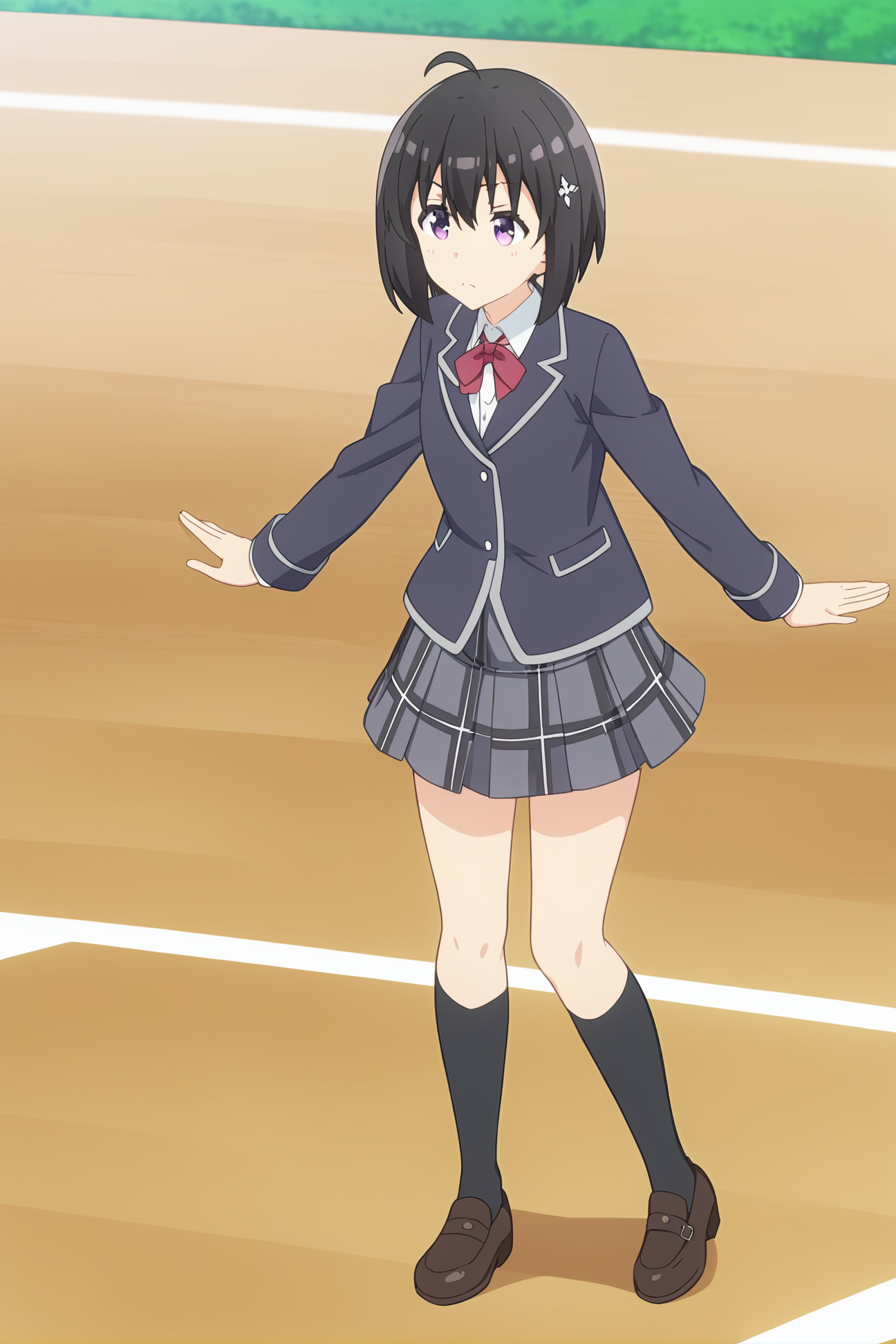 schoolgirl uniform, bof-maple, purple eyes, black hair, 1girl, solo, skinny, masterpiece, absurdres, high quality, highres, best quality, (full body:1.20), recent <lora:bof-maple-V05-000003:0.8>
