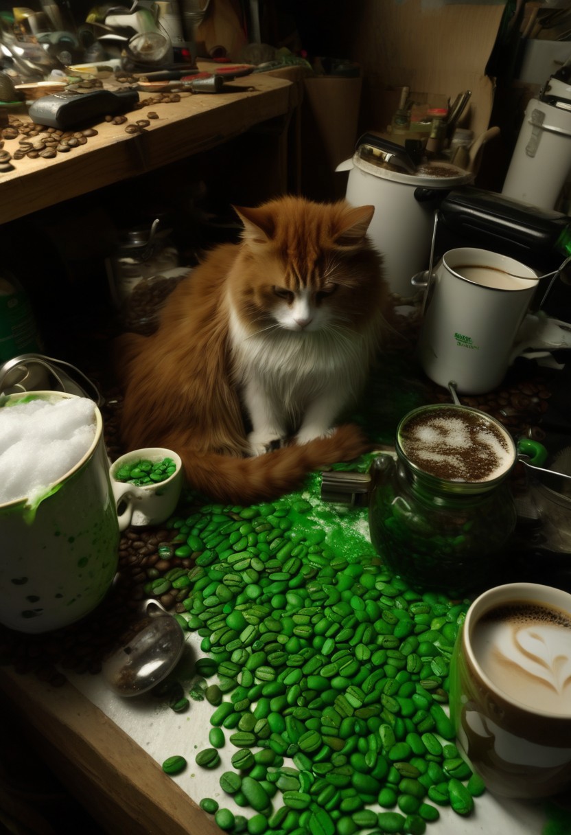 clutter, trash, messy garage, tools, wire, 18659, coffee beans, green goo, cat, snow, low key