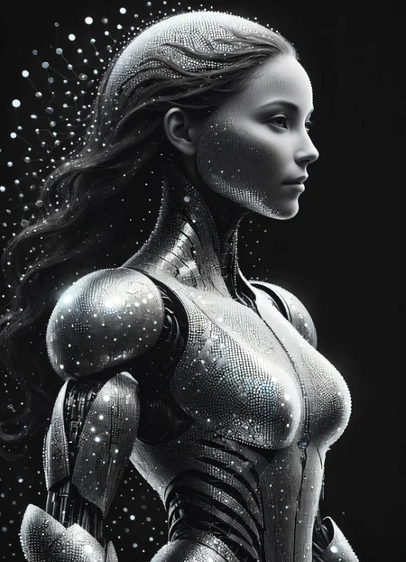 DonMD4t4D3ns1tyXL female trickster gleaming, metallic construct, shifting forms, intricate, reflects light, steely glint, resonating, air around it vibrates with the strength and resilience of forged metal, dot art, data density, monochrome <lora:DonMD4t4D3ns1tyXL-000008:1>