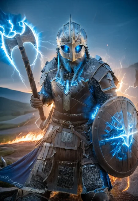 1man, armored Viking warrior in lamellar armor, wearing Viking helmet and lamellar armor, reflection, glowing blue lightning, axe and shield, Viking sword, blue flames, shatter, emphasis line, outdoor in the darkness, looking at viewer,