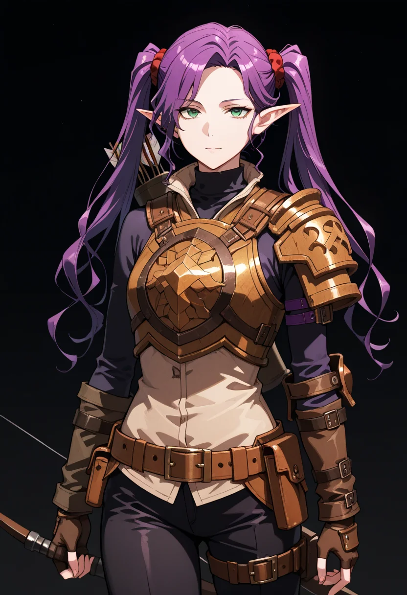 masterpiece, best quality, highly detailed, ultra-realistic, score_9, score_8_up, score_7_up, score_6_up,
1woman, solo, sporty female, mature girl, big woman, warrior women, Imina, slim, elf, twintails, long face, nice skin, long hair, purple hair, green eyes, looking at viewer,
aesthetic, pauldron, light armor, brown leather armor, fingerless gloves, circle breastplate, quiver, black turtleneck, red scrunchies, belt, pouch, 3 purple belts above elbow, black pants, hip belts, classy, elegant, stylish,
tall woman, nice hips, detailed eyes, detailed face, empty hands,
fit, toned, stands proudly, outdoors, (black background:1.2), <lora:Imina_Overlord:1.3>