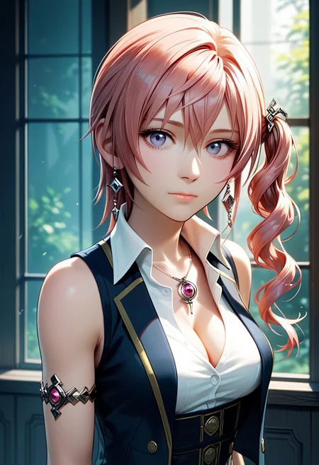 score_9,score_8_up,score_7_up,source_anime, Serah Farron,1girl,solo,breasts,looking at viewer,shirt,closed mouth,cleavage,jewelry,bare shoulders,medium breasts,upper body,sleeveless,necklace,vest,side ponytail,armlet,