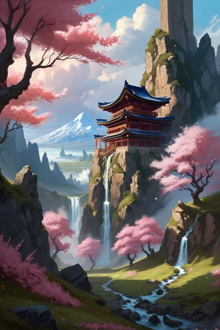 blossoming sakura forest with koinobori flags ,druidic stonehenges where earth-blood geysers erupt in ritual patterns, the air crackling with elemental convergence forces, mountainous_horizon, evening,weather steamy under red light cinematic view, epic sky, detailed, concept art, high angle, high detail, warm lighting, volumetric, godrays, vivid, beautiful, trending on artstation, by Jeremy Lipking, huge scene, grass,flower, art greg rutkowski,