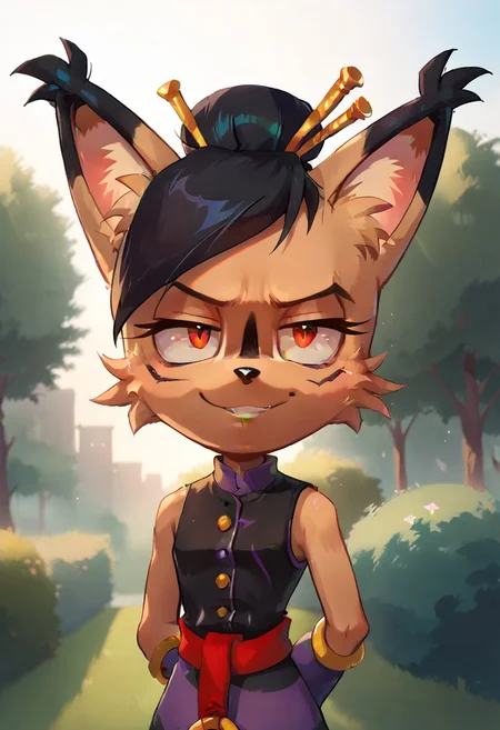 score_9, score_8_up, score_7_up, source_furry, nicole the lynx, brown body fur, black short hair, hair stick, hair bun, red eyes, black facial mark, sleeveless dress shirt, bracelet, purple elbow gloves, red sash, long striped skirt, parted lips, smug, shiny eyes, arms behind back, looking at viewer, pureerosface_v, close-up