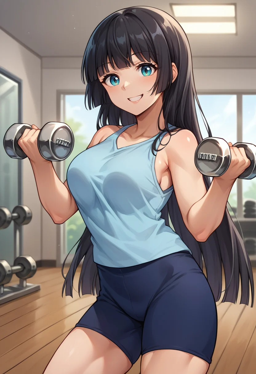 score_9, score_8_up, source_anime, 1girl, solo, SoryuinAkemi, long hair, hime cut, light blue tank top, blue shorts, indoors, holding dumbbell, smile, <lora:ChamSoryuinAkemiPonyXL:1>