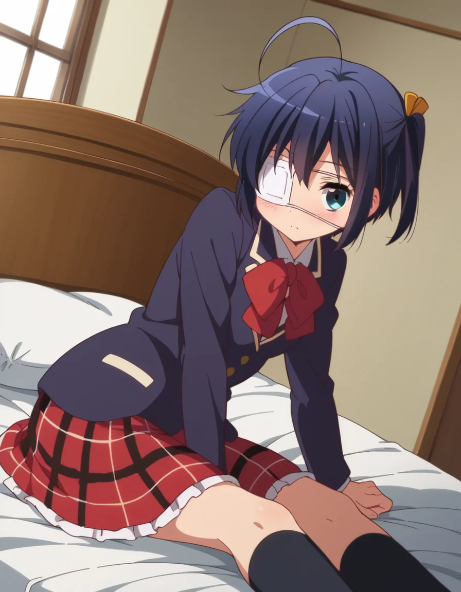 score_9, score_8_up, score_7_up, source_anime,
rikkatakanashi, <lora:rikka-takanashi-s2-ponyxl-lora-nochekaiser:1>,
rikka takanashi, short hair, blue eyes, black hair, ahoge, one side up, eyepatch, medical eyepatch,
skirt, school uniform, jacket, plaid, kneehighs, plaid skirt, blazer, icho private high school uniform,
indoors, bed, bed room, on side, blush, drunk,
looking at viewer, cowboy shot, dutch angle, solo,