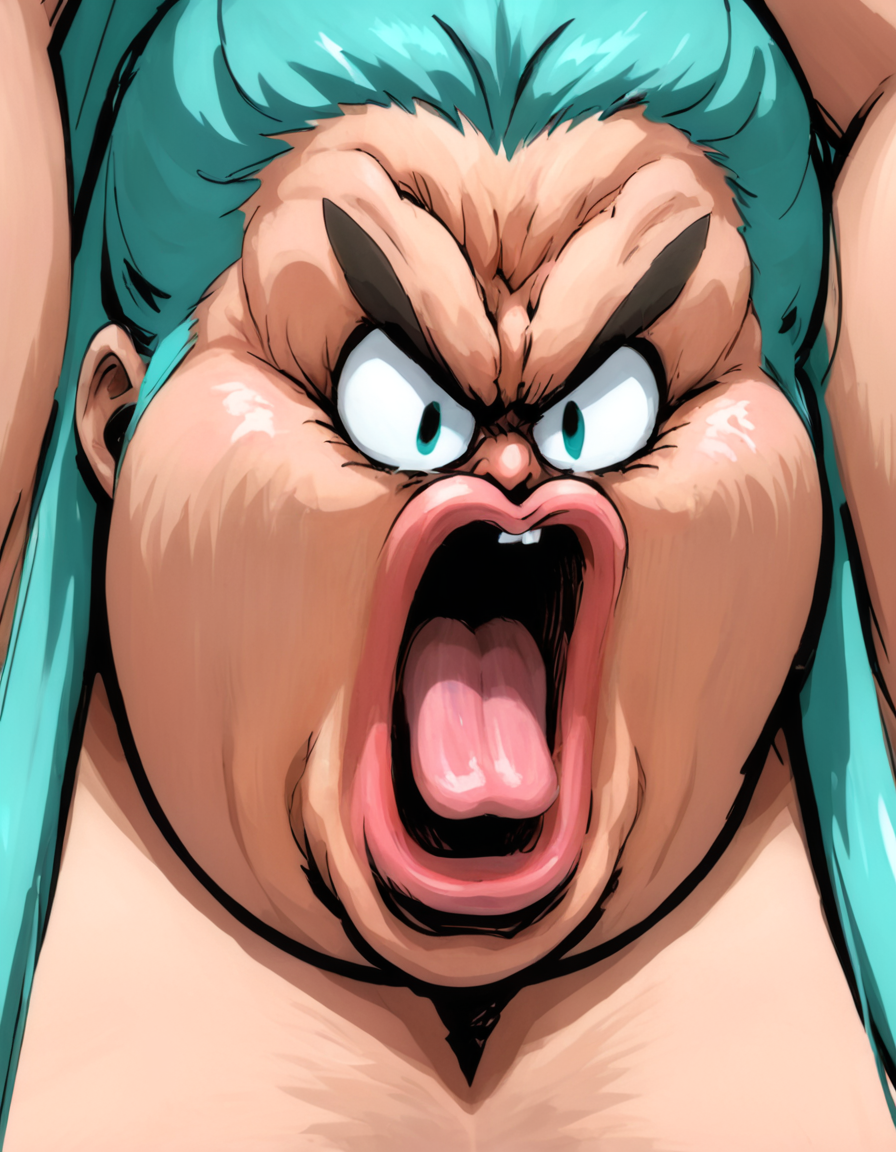 <lora:merriviuselfmeme_scream_XL:1.5> merriviuselfmeme_scream, comic style, exaggerated angry face, bulging, wide-open mouth, solo, hatsune miku, side view