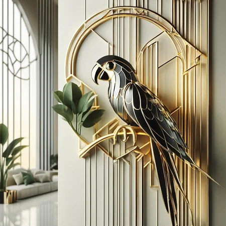 RetroBG,  metallic bird, stylized parrot, perched on circular frame, geometric shapes, natural light, arched windows, metallic sheen, luxurious, artistic, elegant, sophisticated, stylish  <lora:RetroLuxe World Morph:1>