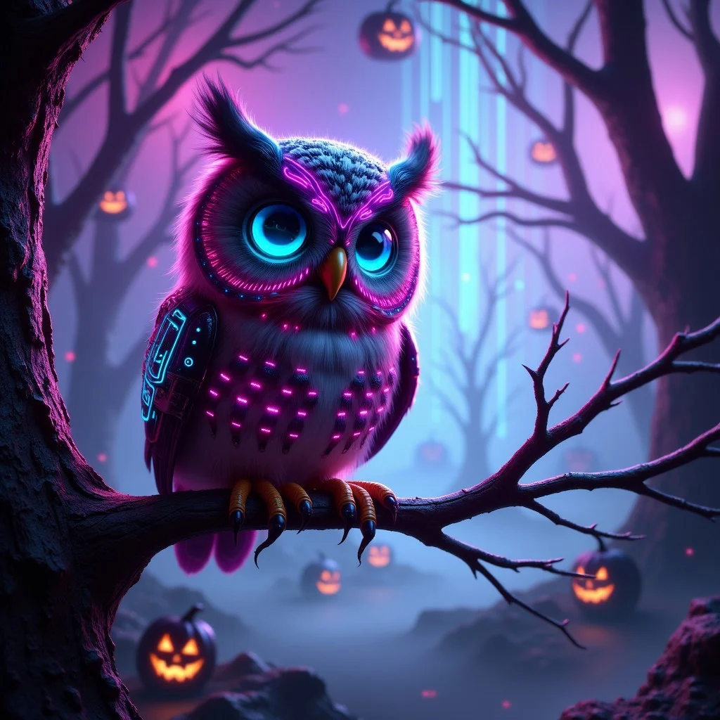 cyberpunk_halloween A cute cyberpunk owl with big glowing eyes, perched on a neon-lit branch in a foggy digital forest. The owl’s feathers shimmer with holographic lights as it stares into the fog-filled atmosphere.