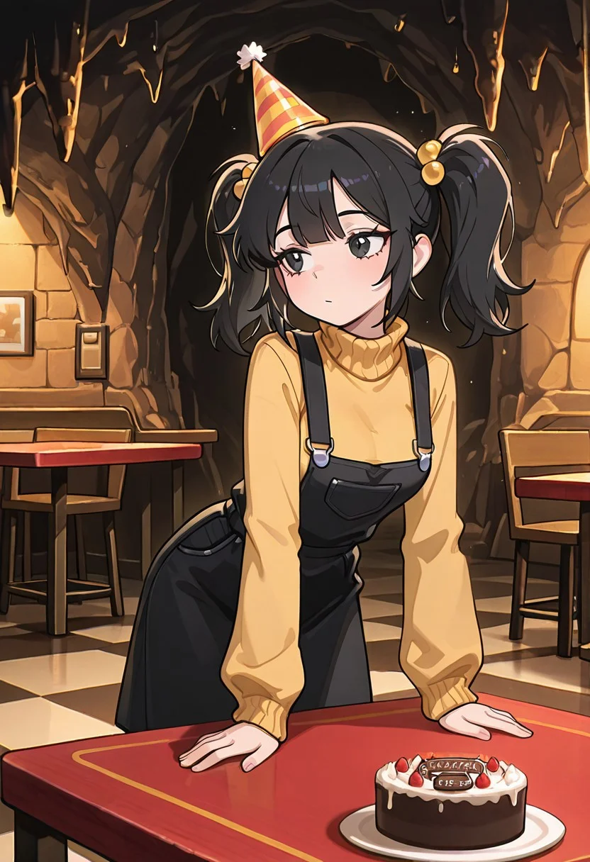 masterpiece, best quality, amazing quality, very aesthetic, absurdres, newest, detailed background, foreground blur, (( cartoon,  )),
cassidyfnaf, 1girl, twintails, black hair, hair ornament, long sleeves, yellow sweater, hair bobbles, turtleneck sweater, black overalls dress, medium breasts, 
looking at massive cave, leaning forward, massive cake,  birthday party, checkered floor, restaurant, red table, party hat,