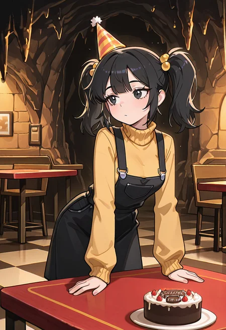 masterpiece, best quality, amazing quality, very aesthetic, absurdres, newest, detailed background, foreground blur, (( cartoon, )),
cassidyfnaf, 1girl, twintails, black hair, hair ornament, long sleeves, yellow sweater, hair bobbles, turtleneck sweater, black overalls dress, medium breasts,
looking at massive cave, leaning forward, massive cake, birthday party, checkered floor, restaurant, red table, party hat,