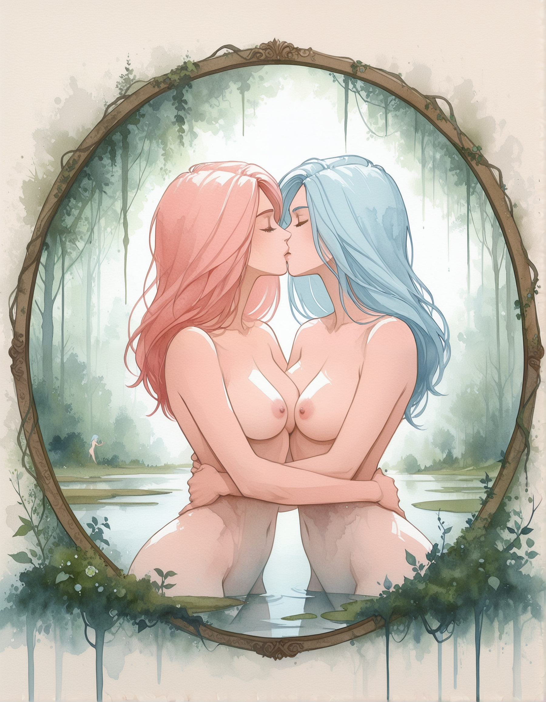 water color painting, 2girls, light blue hair + pink hair, kiss, hug, beautiful face, round breasts, pink nipples, nude, covered in roots and ivy, misty woods, ponds, reflections, simple beige canvas, rough surface