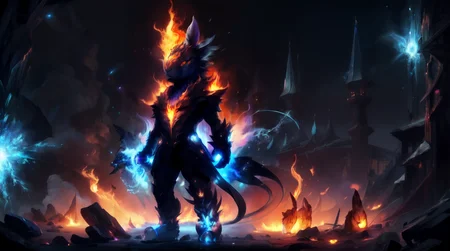 (masterpiece, best quality, fullscreen), [(full body:1.2)::0.8] portrait (photo of a small Stunning fire [elemental:creature:0.2]:1.4), <lora:EYES EyesGen:0.3> (intricate iris:1.2), (Carnivorous:1.0), (fire etheral aura Opalescent skin:1.5), (Fireballs), (Werewolf body shape:1.1), (Rabbit head:1.3), (Long Neck:1.4), <lora:EFFECT ExplosionMagic-20:0.4> (explosionmagic, excessive energy, smoke, glowing aura:1.1), <lora:EFFECT DonMM4g1c-v2.1rb2.safetensors:0.4> (DonMM4g1c:1.1), <lora:MONSTER m0nst3rfy3(0.5-1)M.safetensors:0.4> (m0nst3rfy:1.3), <lora:EFFECT Explosions Bakuhachumaho.safetensors:0.4> (bakuhatsu, magic, explosion:1.2), <lora:BACKGROUND Fluorescent_Lava_Cave.safetensors:0.2>,(Shadow Play), (Tanzanite Blue-Purple Candlelight lighting:1.4), , , (standing posture:1.5), (facing the viewer:1.4), (looking at the viewer:1.7), , <lora:SLIDER weight_slider_v2:-0.5>, (Full body Shot, Shallow Focus Shot, Low Angle Shot:[1.2:0.5:0.1]), <lora:LIGHT epi_noiseoffset2:0.3>, <lora:LIGHT ALL IN ONE LORA HD v1:0.3>, <lora:QUALITY add_detail:0.1>, <lora:QUALITY kkw-better-v1.0a:0.3>, <lora:QUALITY PotatEnhancer_V1_6:0.3>, <lora:QUALITY BG2_dpep4+silicon29dim64:0.1>, heavily detailed, gloomy, eerie, whimsical, , (sharp focus), <lora:EFFECT Magic card fakemtg_label:1> fakemtg, <lora:BUILDING German_architecture_last:0.6>, (no humans), (embedding:VIEW_Style-GHL), tremely detailed, 4k, trending on artstation, ambient lighting platform, concept art render, ink splatters, pen lines, incredible detail, creative, positive energy, happy, unique, negative space, pure imagination painted by artgerm