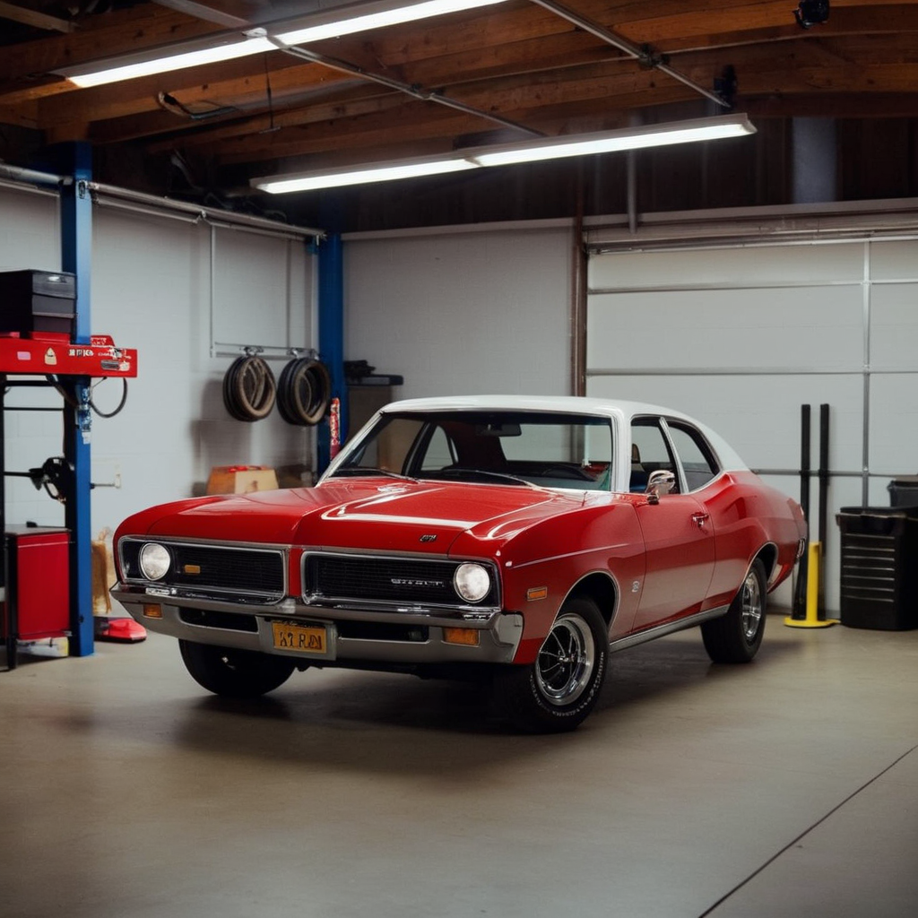 cinematic film still of  <lora:Kodak Motion Picture Film Style v4:1>
1970's Best Cinematic Picture of a red and white car parked in a garage Kodak Motion Picture Film Style, shallow depth of field, vignette, highly detailed, high budget, bokeh, cinemascope, moody, epic, gorgeous, film grain, grainy