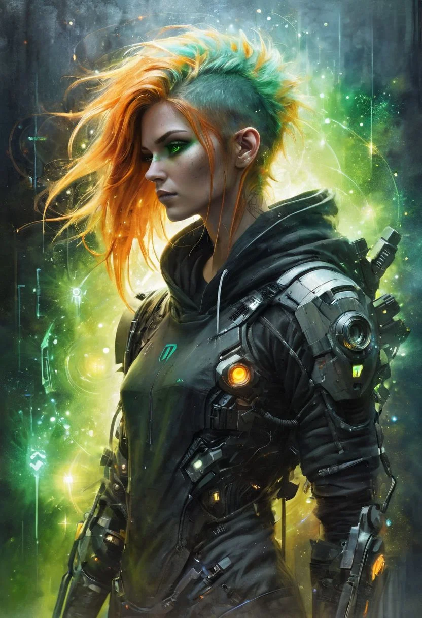 ((Cyberpunk female, futuristic shaman, full-body portrait, watercolor illustration, asymmetric hair, orange hair, green eyes, augmented cybernetic arms, canvas toga, canvas hood)), ((casting spell, runic circles, mystical power, glowing particles, ais-darkpartz)), BadDream, OverallDetail, Bokeh blur, colorful, cp2077