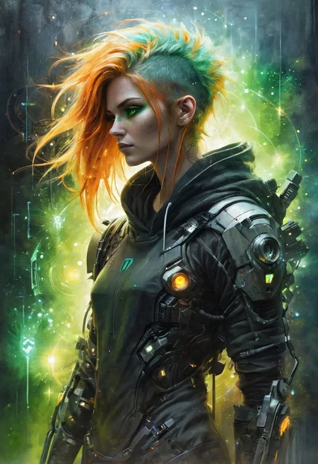 ((Cyberpunk female, futuristic shaman, full-body portrait, watercolor illustration, asymmetric hair, orange hair, green eyes, augmented cybernetic arms, canvas toga, canvas hood)), ((casting spell, runic circles, mystical power, glowing particles, ais-darkpartz)), BadDream, OverallDetail, Bokeh blur, colorful, cp2077
