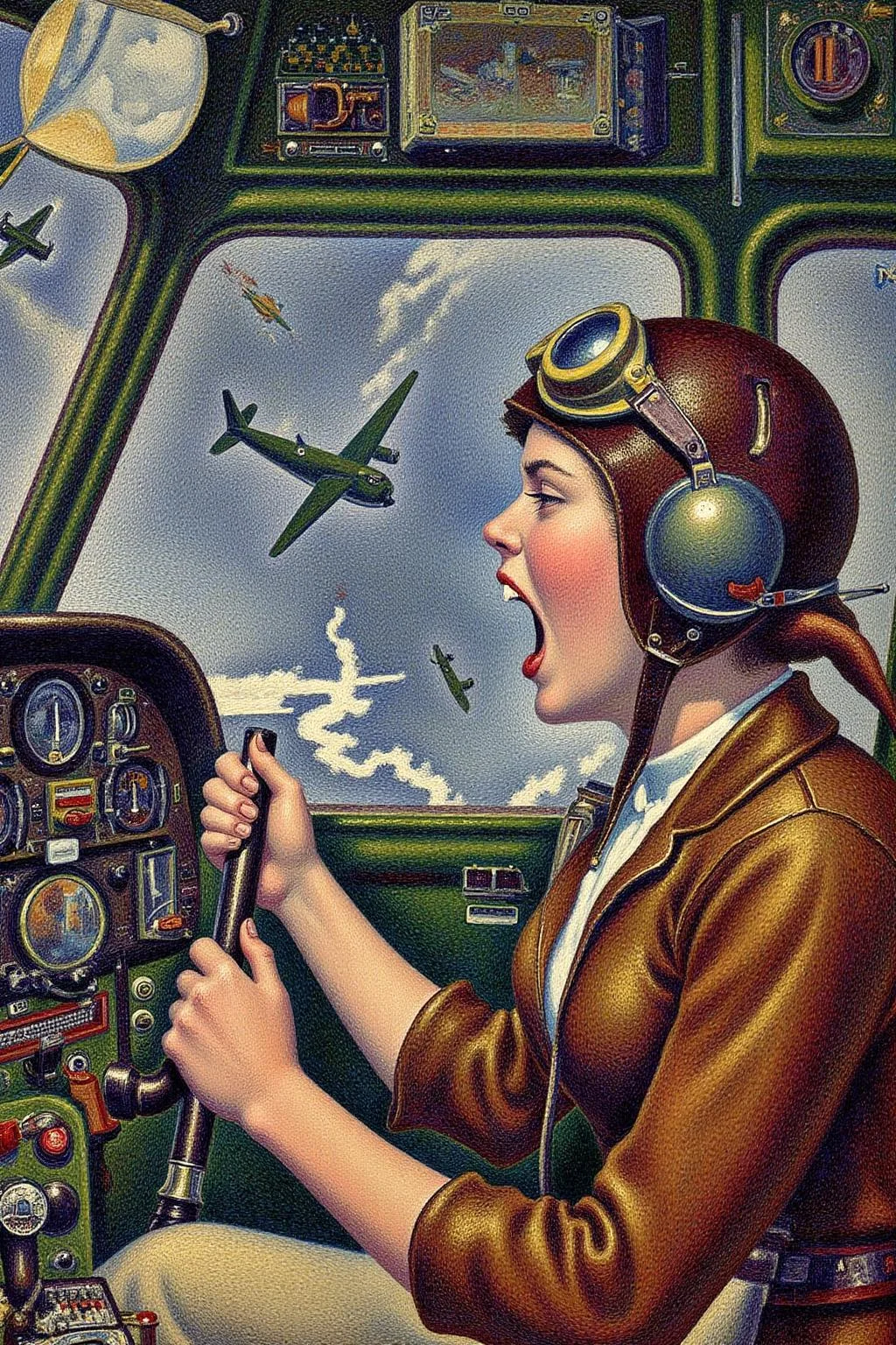 geoseu1 pointillist painting.
A female pilot screaming inside the cockpit of a World War II bomber. The pilot, wearing a vintage leather flight helmet with goggles and a bomber jacket, grips the controls with white-knuckled hands. Her face is contorted in a mix of fear and determination as she yells, her eyes wide with adrenaline. The cockpit is cramped and filled with old-fashioned dials and gauges, with the outside view showing dark stormy clouds and distant anti-aircraft fire <lora:geoseu1_cap_d6a3e12:1.0><lora:821060566022932803:0>