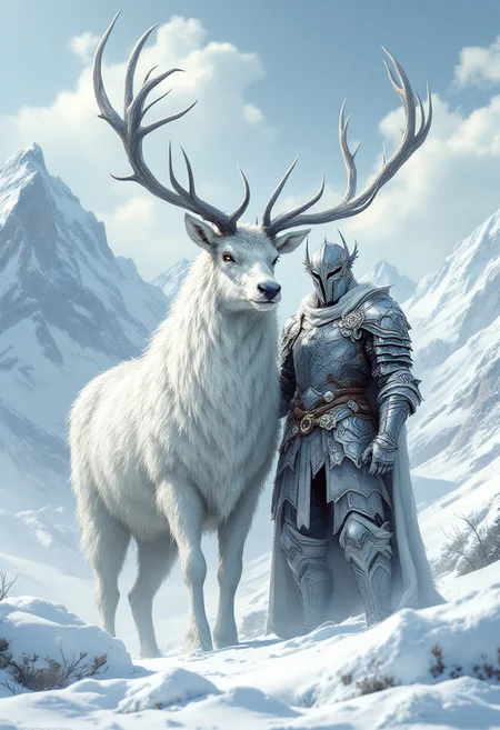 Image is a digital fantasy artwork featuring a snowy landscape with a majestic, large white stag standing beside a knight clad in intricate, silver armor. The stag has impressive, sprawling antlers and a thick, textured coat, blending seamlessly with the snow-covered terrain. The knight's armor is detailed with ornate patterns, and he wears a helmet with antler-like protrusions, mirroring the stag's antlers. The background showcases towering, snow-capped mountains under a pale blue sky with scattered clouds, enhancing the wintry atmosphere. The scene conveys a sense of mysticism and adventure, with the knight and stag appearing as guardians of the icy realm.