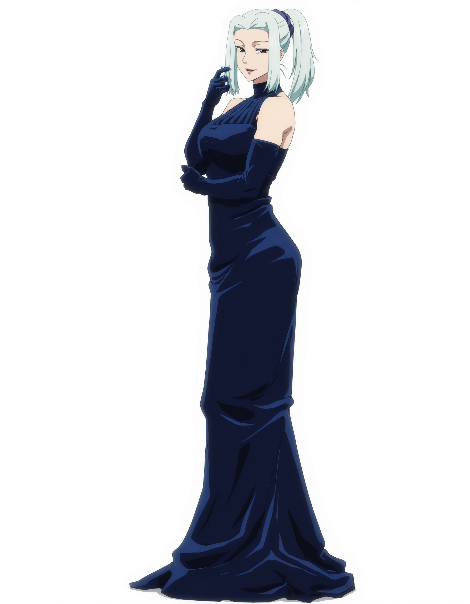 perfect composition, full body, solo, shadows, shading, <lora:anime_screencap-Illustrious:0.65> anime screencap, anime coloring, very aesthetic, absurdres, zPDXL, <lora:Pony_DetailV2.0:0.5> <lora:illustrious_quality_modifiers_masterpieces_v1:1>
<lora:MeiMeiJJK_15redo:1> m31m31, 1girl, sidelocks, ponytail, hair tie, female focus, looking at viewer, smile, defined lips, posing for photo, playing with hair, 
(muscles:0.7), <lora:StellaVelvetGownILL:0.8> blue dress, velvet dress, velvet elbow gloves, bare shoulders, 
white background, simple background,