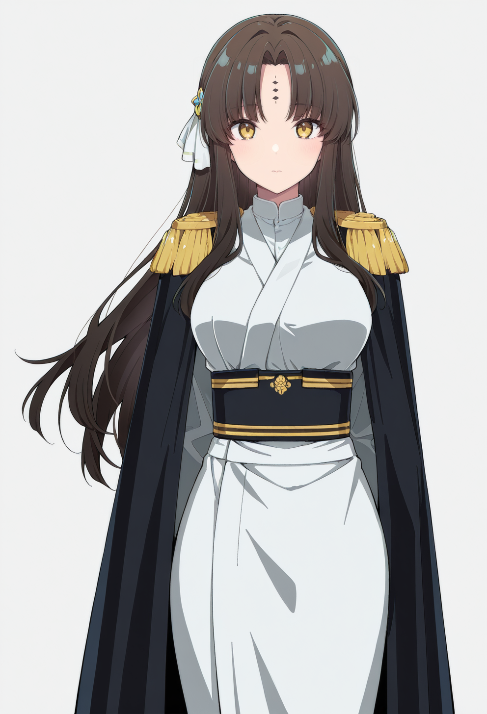 masterpiece, best quality,
1girl, solo, cowboy shot,
standing,
looking at viewer,
simple background, white background,
 <lora:Michiko_Tanaka:1> M1ch1k0T4n4k4, long hair, brown hair, forehead mark, facial mark, yellow eyes, 
epaulettes, military uniform, sash, cape, hair ornament, military,
