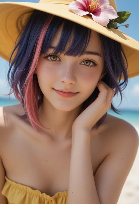 score_9_up, score_8_up, score_7_up, score_6_up, 1girl, solo, 25 years old, perfect face, (adult), sexy,
detailed face, blush, shy smile, portrait, face focus, depth of field, looking at viewer, close up,
yellow eyes,
medium hair, multicolored hair, pink hair, purple hair, blue hair, hair flower, bangs,
tucking hair,
yellow sundress, sleeveless dress, strapless dress, hand on own ear,
cowboy shot, legs,
beach