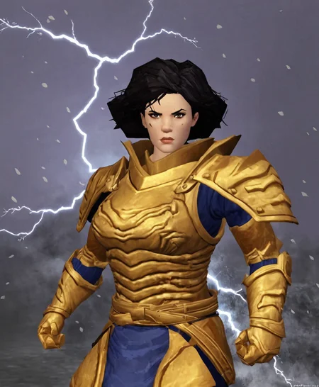 portrait of a warrior woman, short black hair, middle of thunderstorm, modelshot, golden armor, foggy, dynamic, strong saturation, thunder lighting, light bolt, eletrical, low poly, playstation 1 still