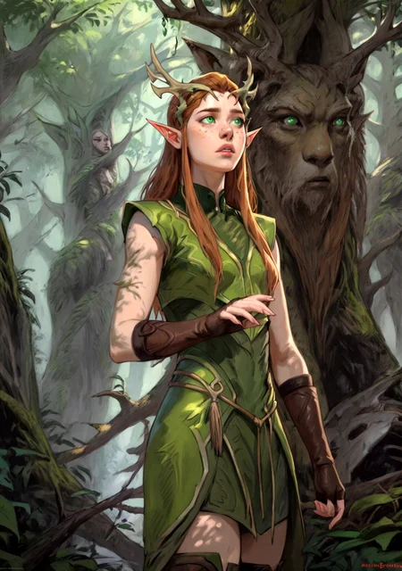 score_9,score_8_up, score_8,
1girl, solo, cowboy shot, portrait, keyleth, elf, druid, long hair, brown hair, green eyes, pointy ears, elf, antlers, freckles, thighhighs, gloves, boots, fingerless gloves, thigh boots, brown footwear, green dress, forest, parted lips, looking away,
<lora:Expressive_H:0.5> <lora:Dungeons_and_Dragons_Art_Style:1> <lora:keyleth-ponyxl-lora-nochekaiser:1>